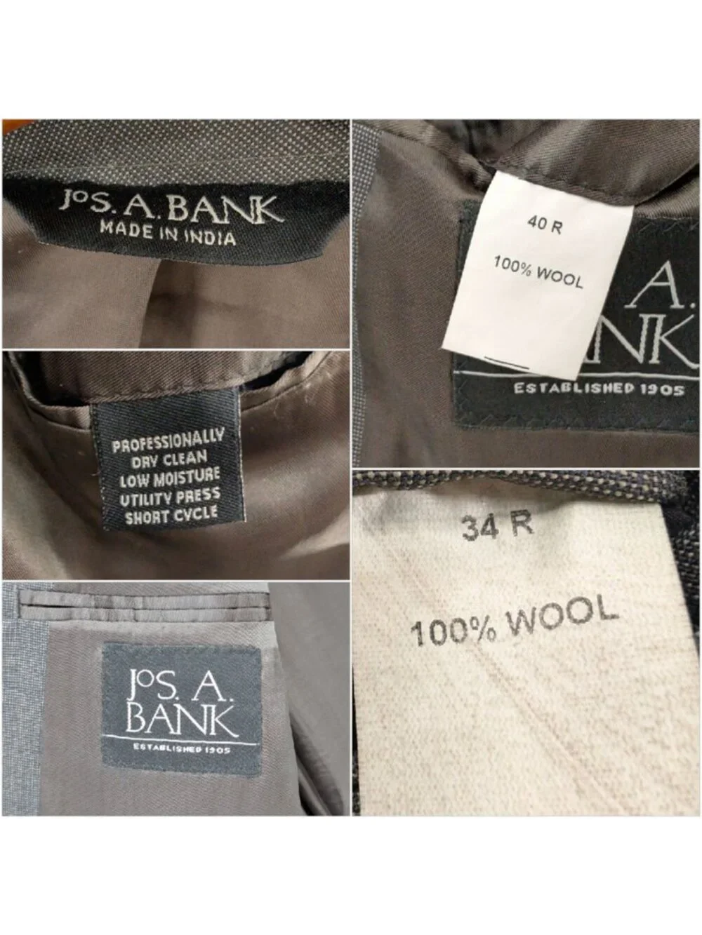 Jos A Bank 2 Piece Wool Suit Mens Grey 2 Button Pleated Cuffed Size 40R 34x28